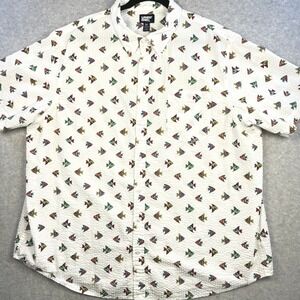 Lands End Mens 2XL Seersucker Shirt Short Sleeve Fish Print White Button Down